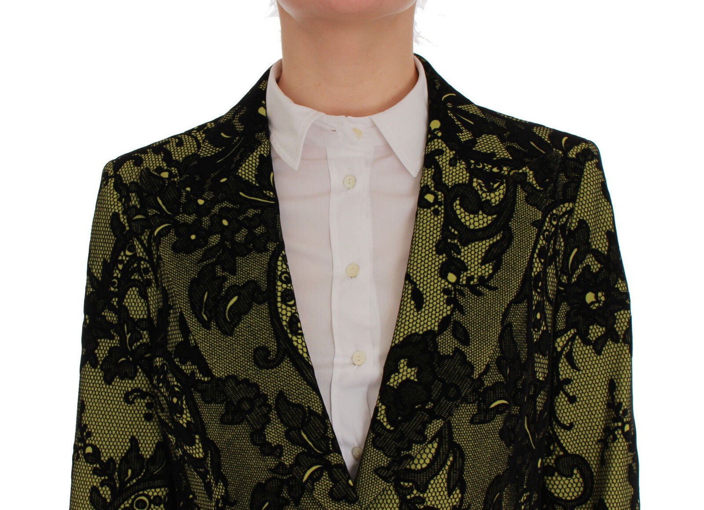 Black Yellow Cotton Lace Blazer Pants Suit