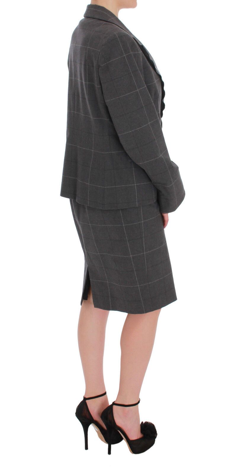 Gray Checkered Cotton Blazer Dress Set Suit