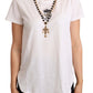 Elegant Short-Sleeved Tee with Gold Cross Pendant