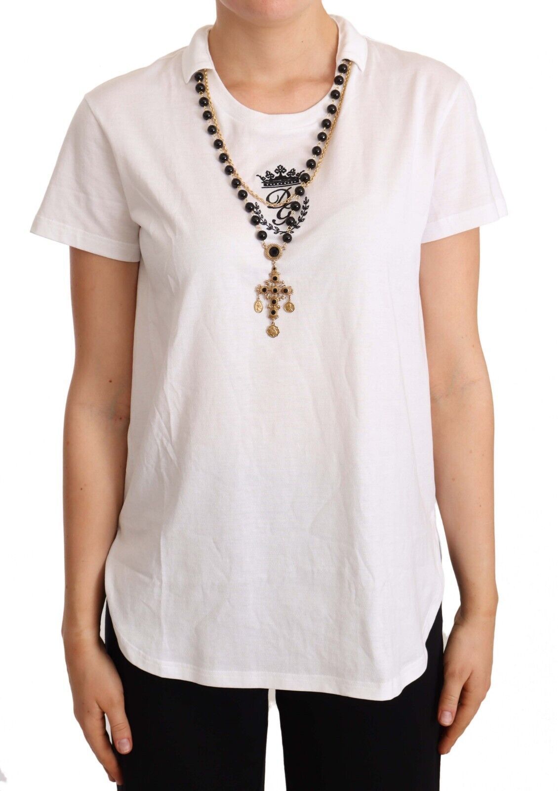 Elegant Short-Sleeved Tee with Gold Cross Pendant