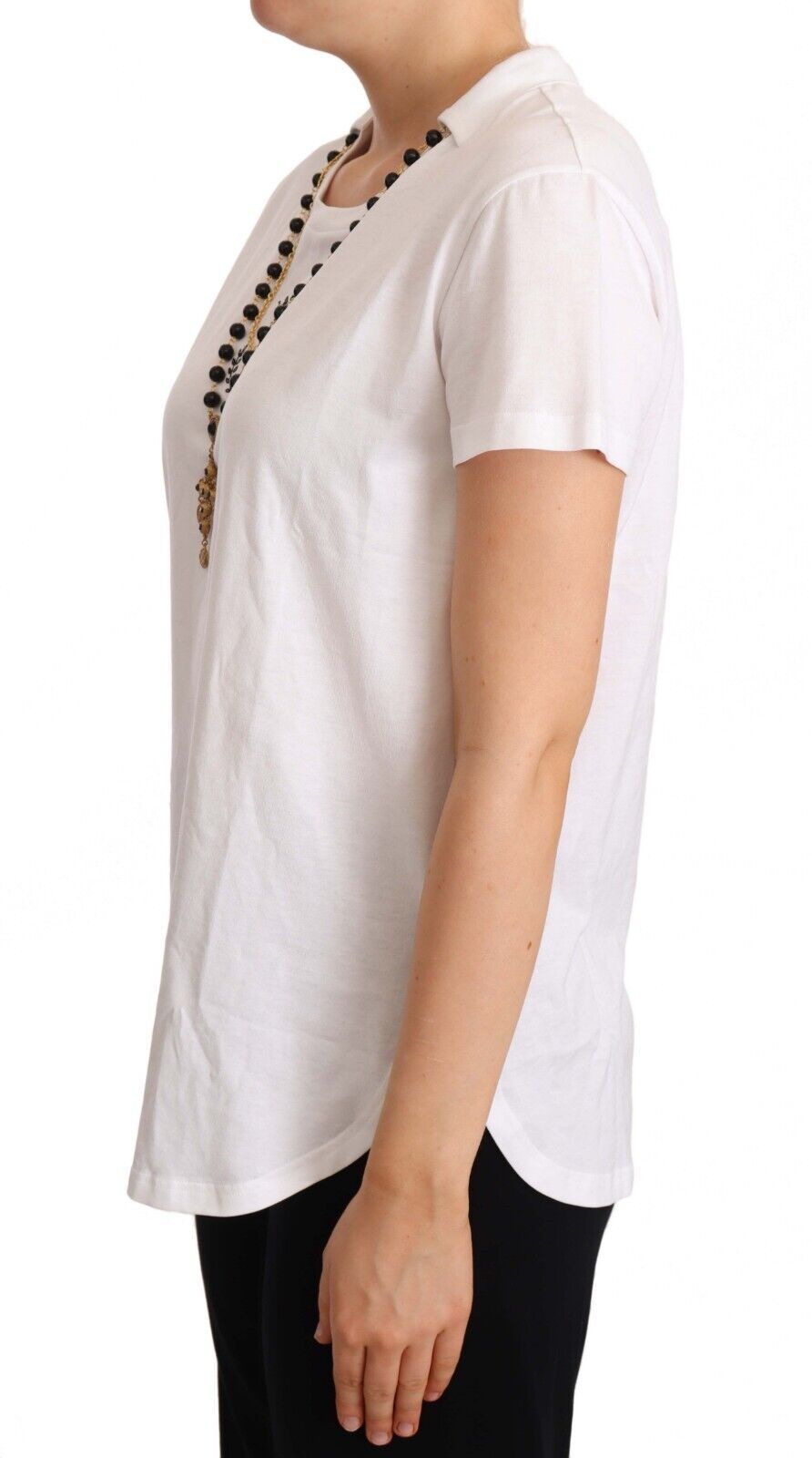 Elegant Short-Sleeved Tee with Gold Cross Pendant