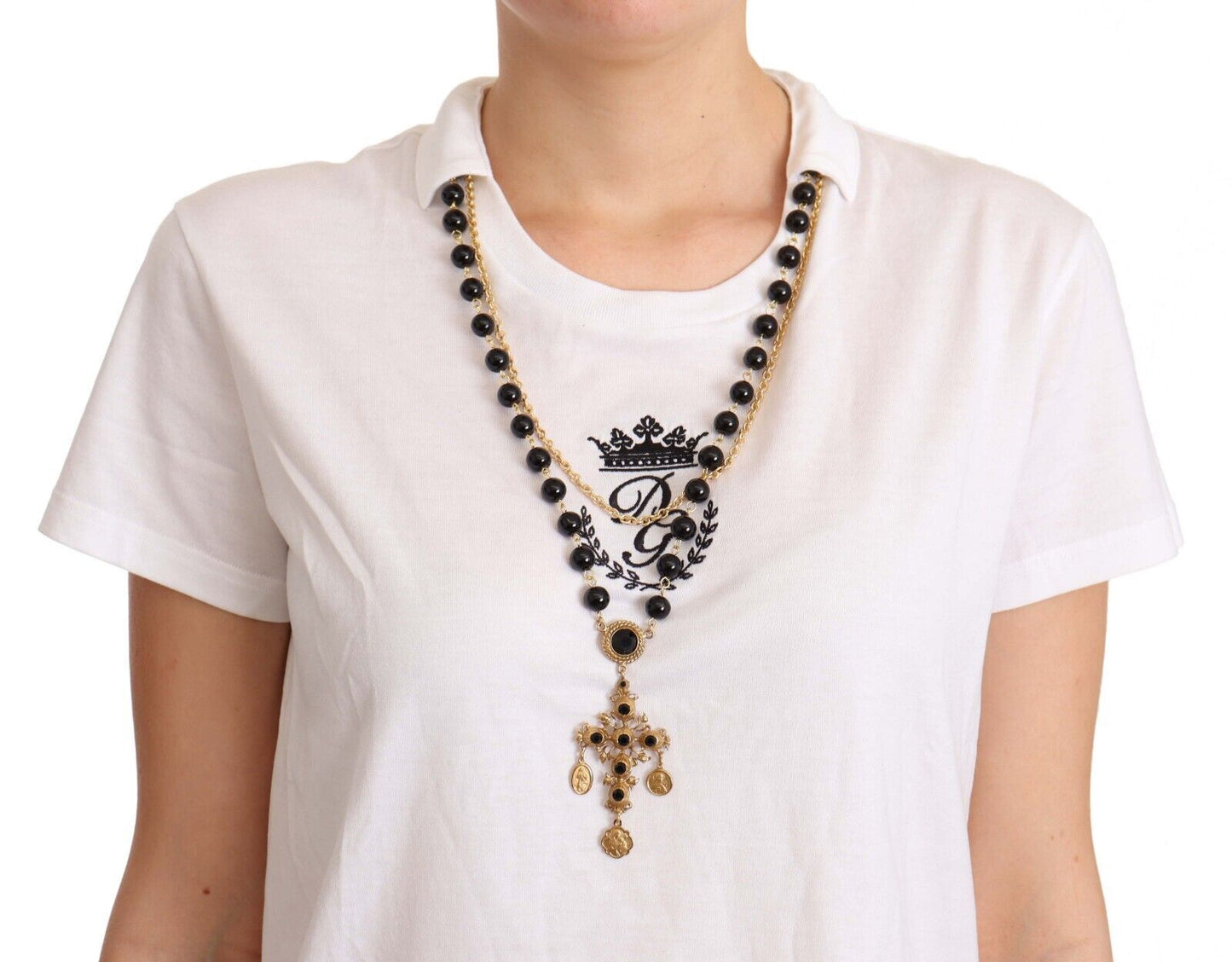 Elegant Short-Sleeved Tee with Gold Cross Pendant