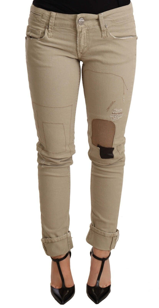 Beige Cotton Slim Fit Chic Jeans