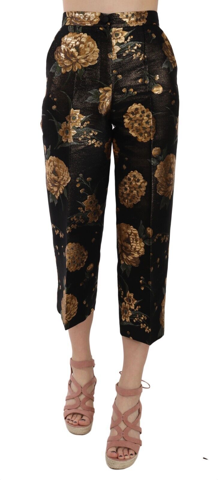 Opulent Black and Gold Floral Capri Pants