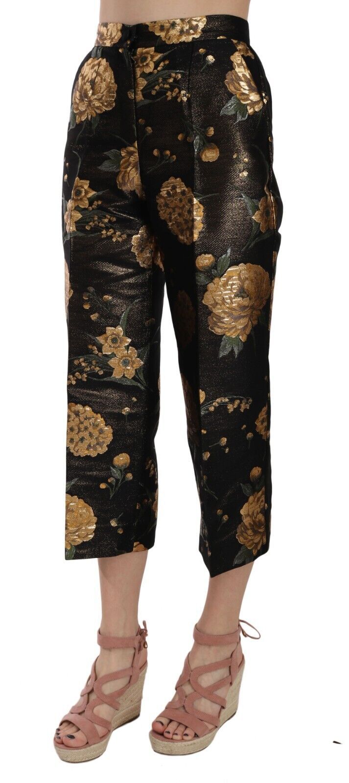 Opulent Black and Gold Floral Capri Pants