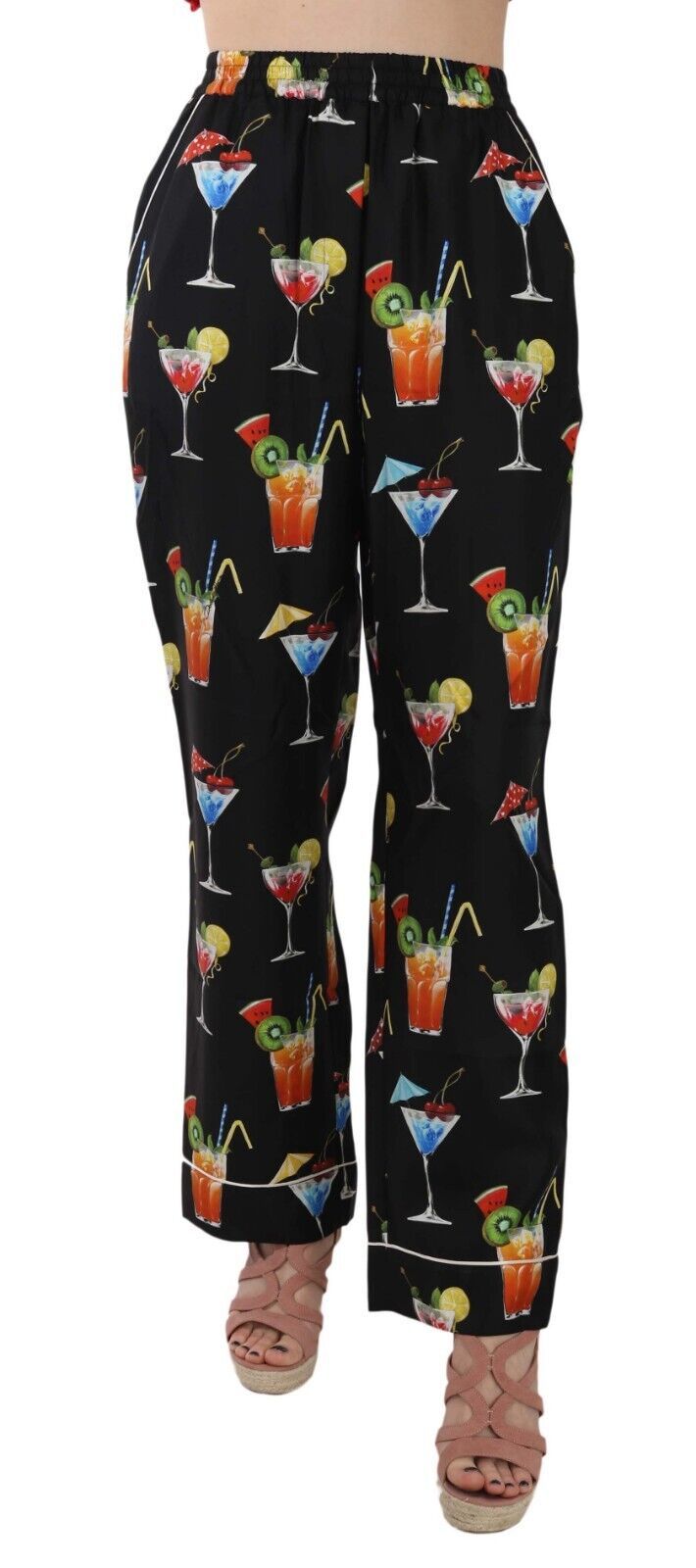 Black Cocktail Print Pajama Trousers Pants