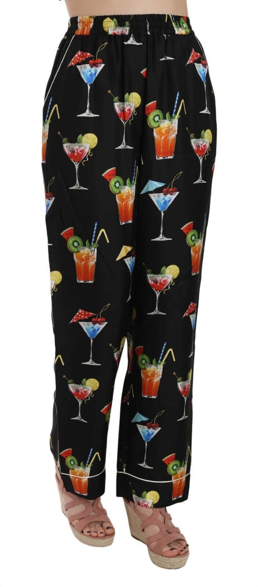 Black Cocktail Print Pajama Trousers Pants