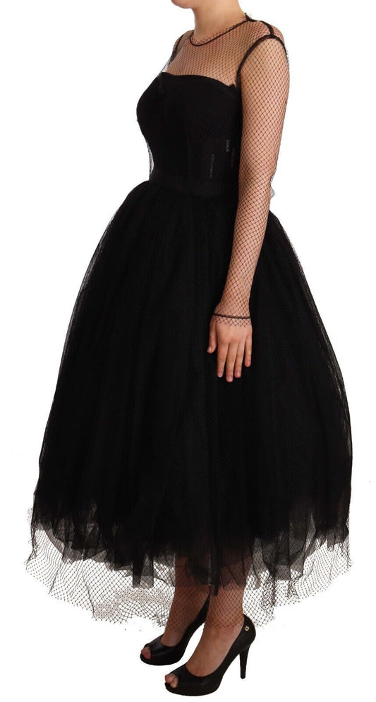 Elegant Black Tulle Midi A-Line Dress