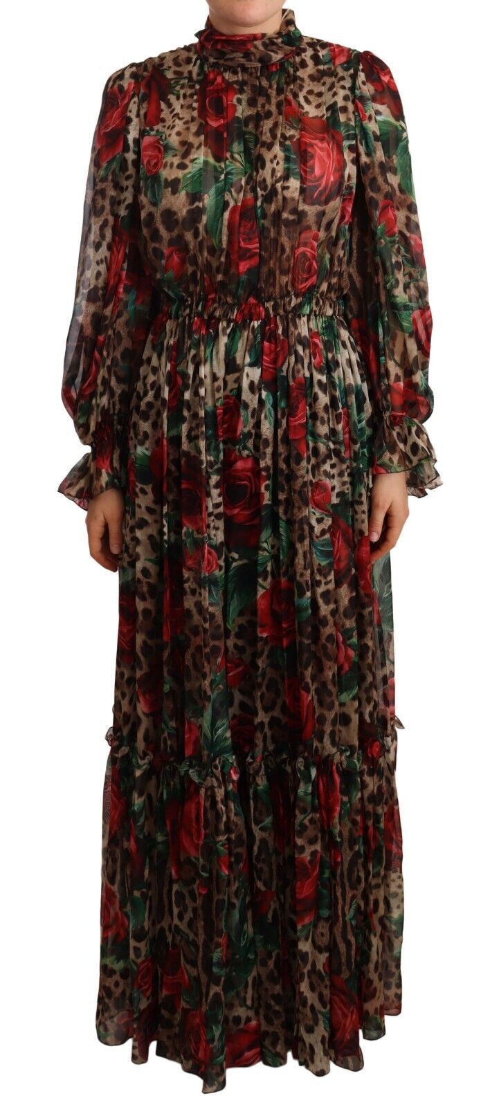 Elegant Silk Leopard Print Maxi Dress with Red Roses