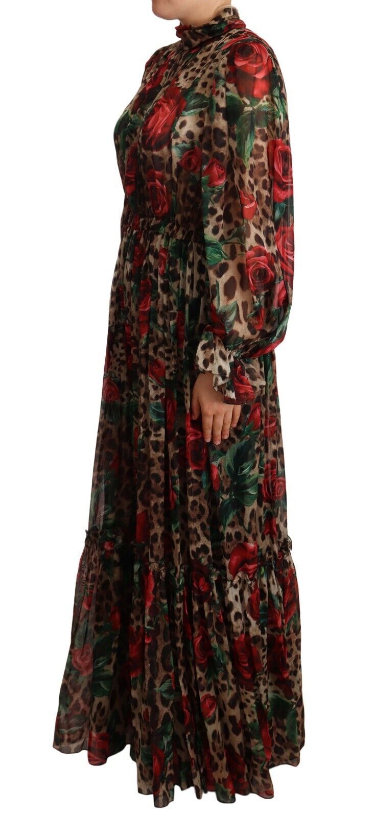 Elegant Silk Leopard Print Maxi Dress with Red Roses