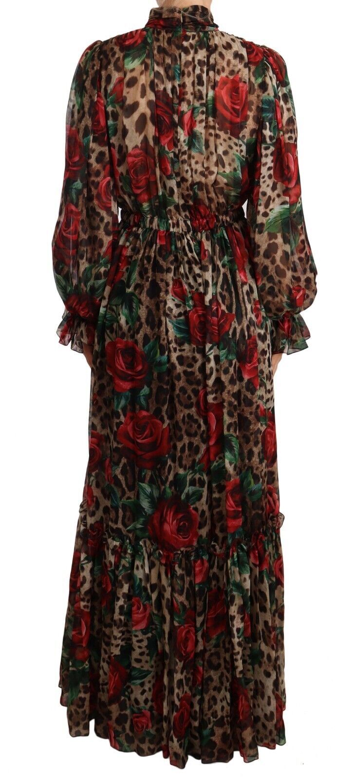 Elegant Silk Leopard Print Maxi Dress with Red Roses