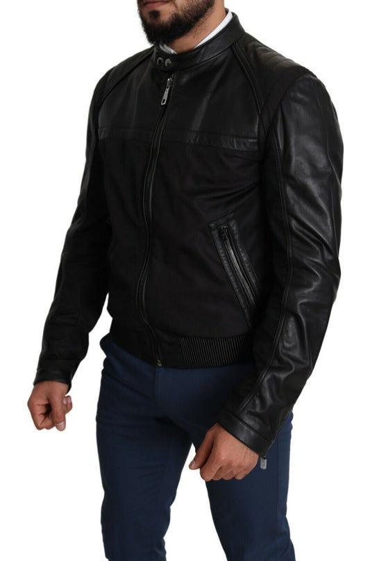 Elegant Black Bomber with Leather Accents