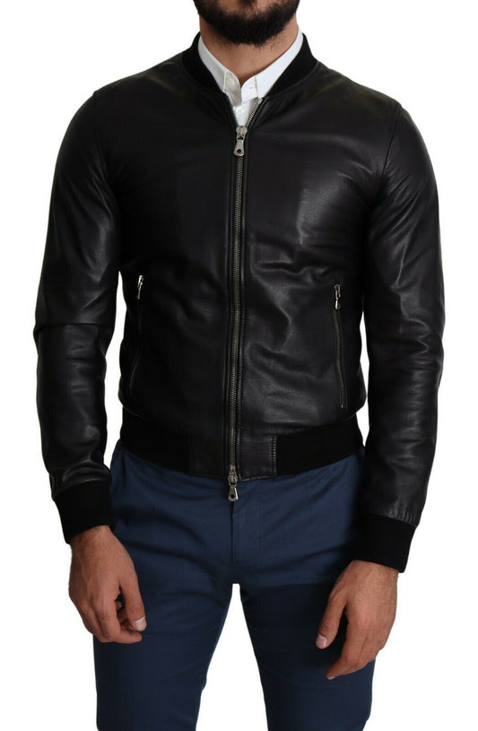 Elegant Black Leather Bomber Jacket