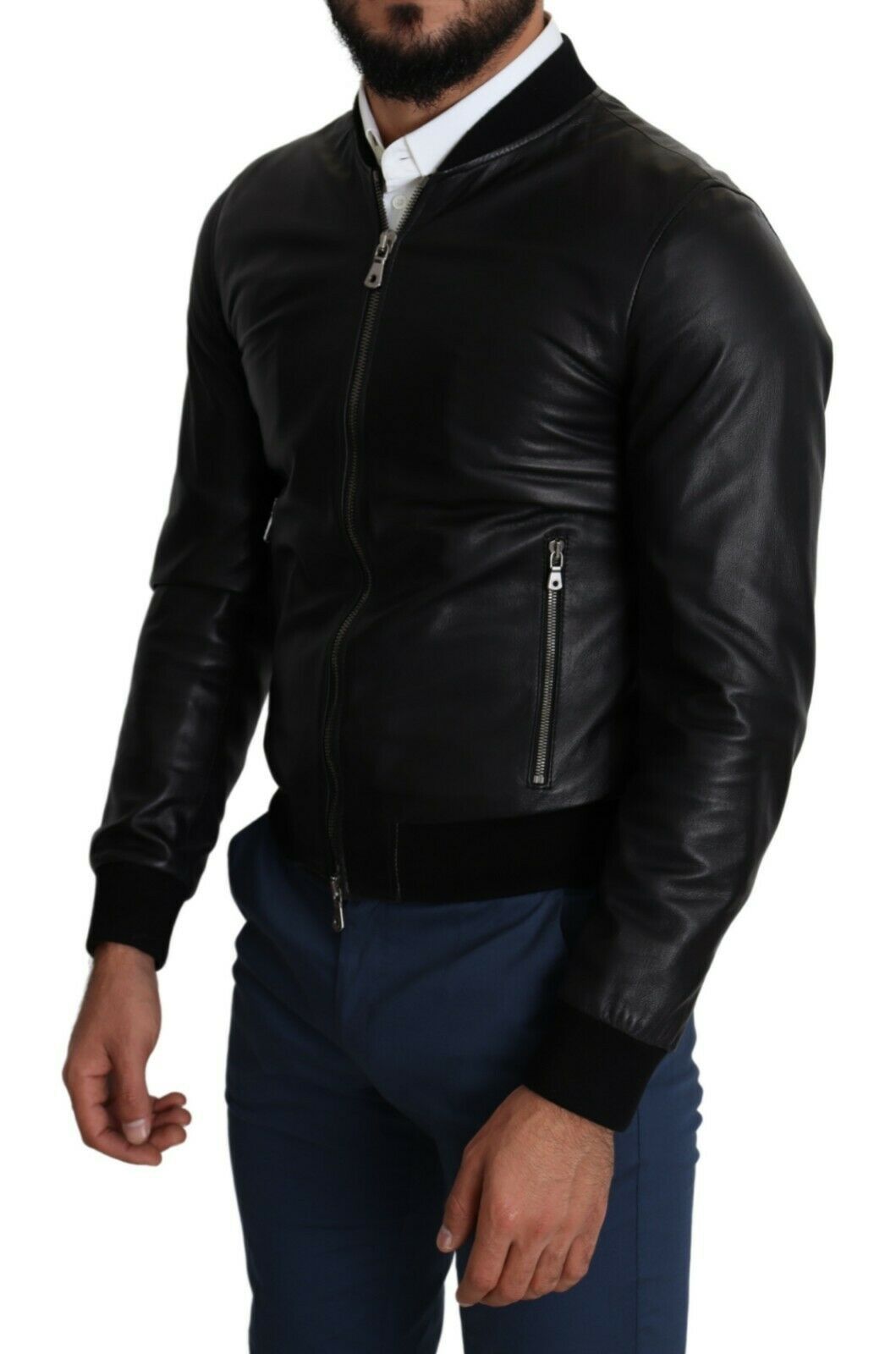 Elegant Black Leather Bomber Jacket