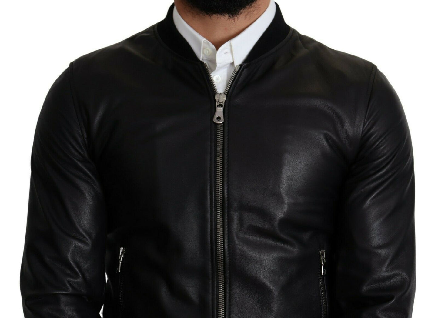 Elegant Black Leather Bomber Jacket