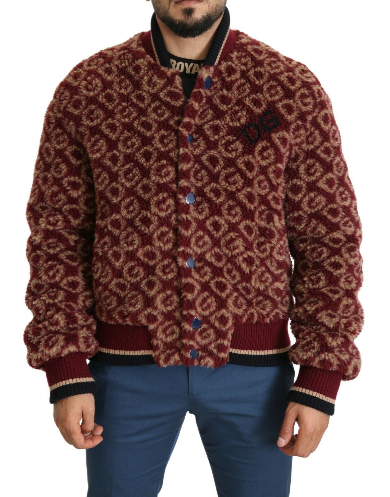 Burgundy Fur Bomber Jacket with Logo Print