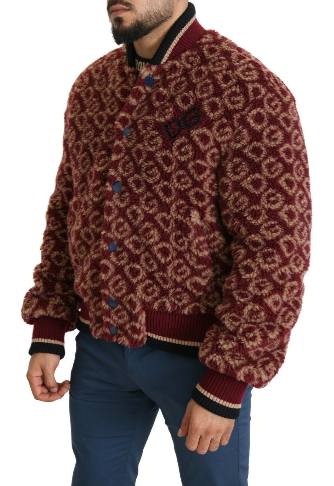 Burgundy Fur Bomber Jacket with Logo Print