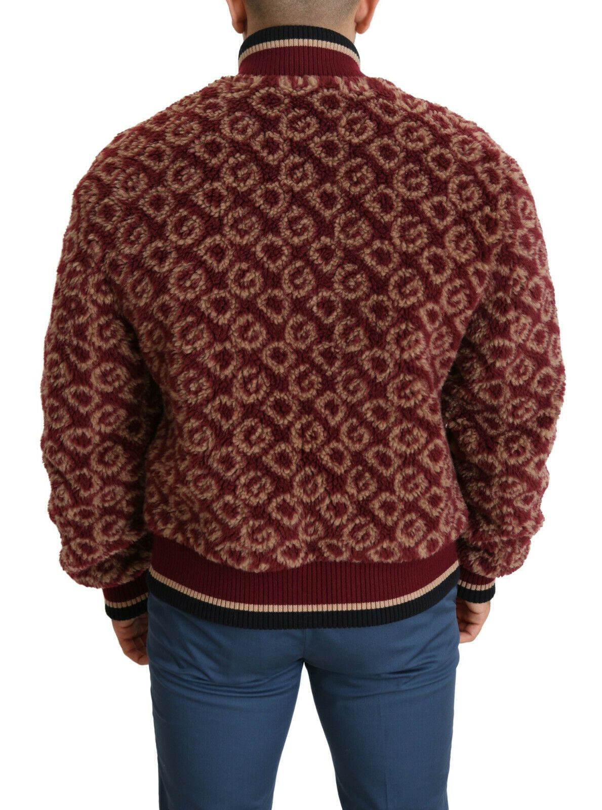 Burgundy Fur Bomber Jacket with Logo Print