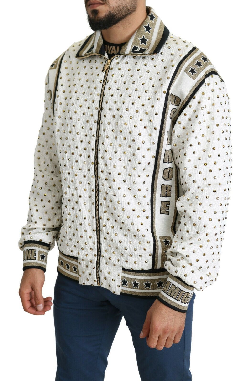 Exquisite Silk-Wool Studded Bomber Jacket