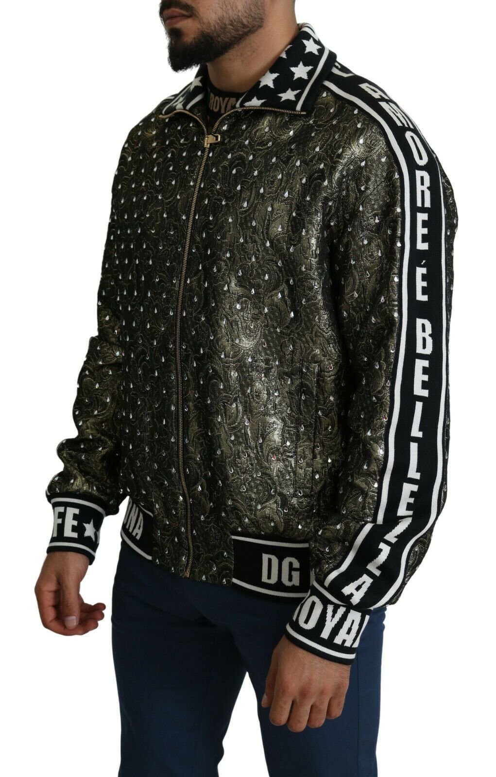 Multicolor Brocade Crystal Bomber Jacket