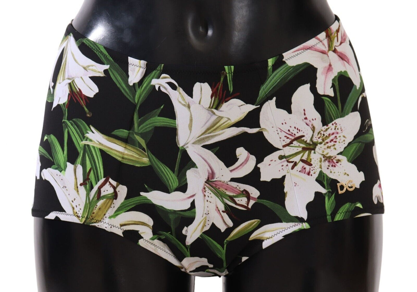 Black Lilies Print High Waist Bikini Bottom