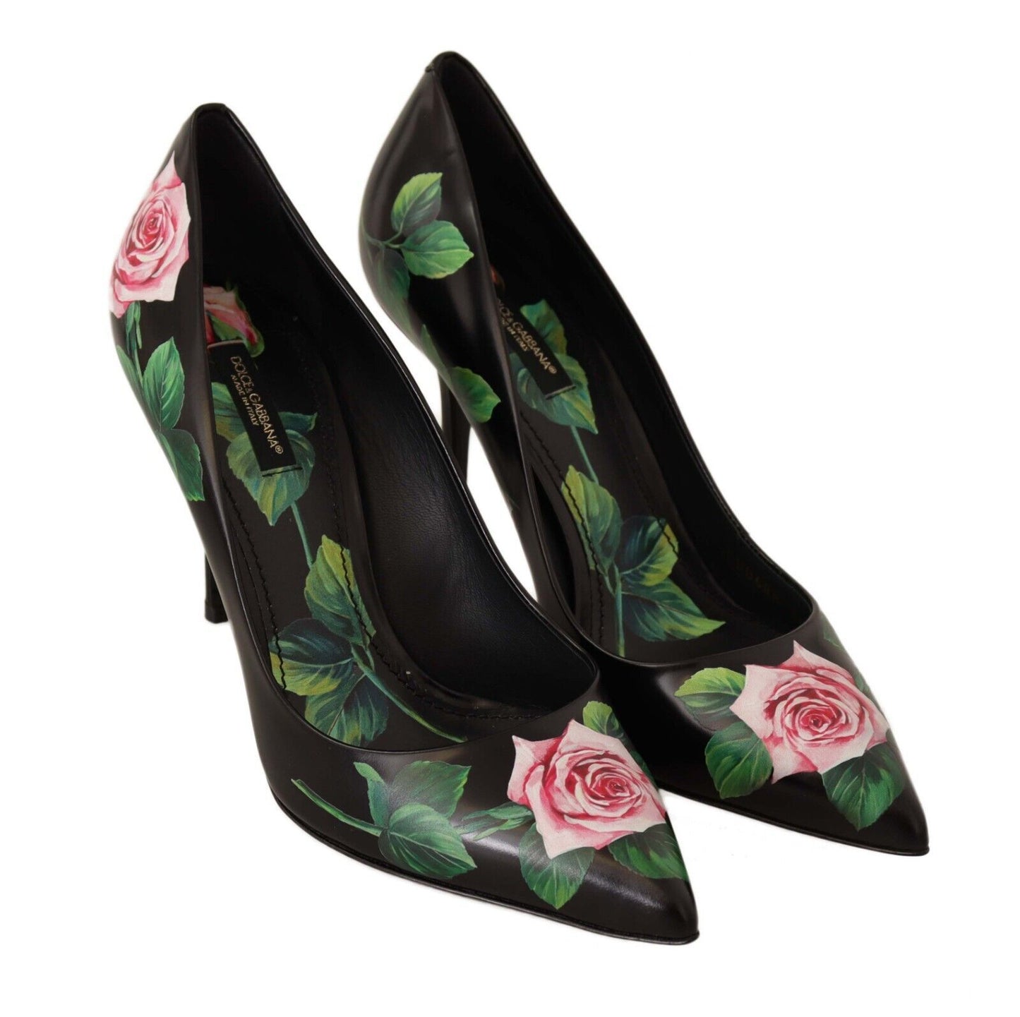 Elegant Black Rose Print Leather Pumps