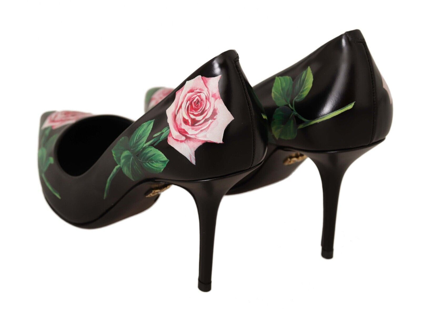 Elegant Black Rose Print Leather Pumps