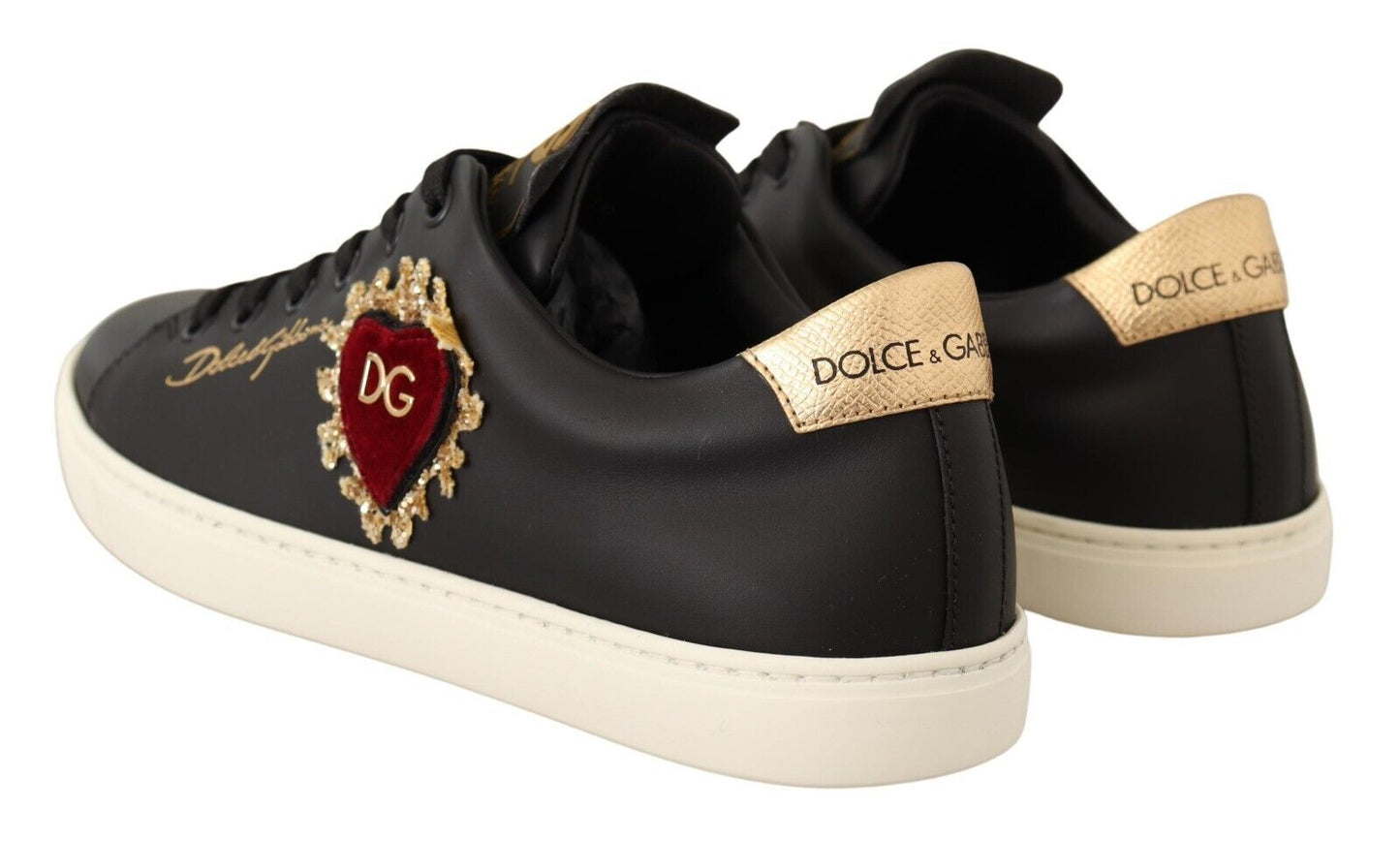 Elegant Gold Heart Embroidered Leather Sneakers