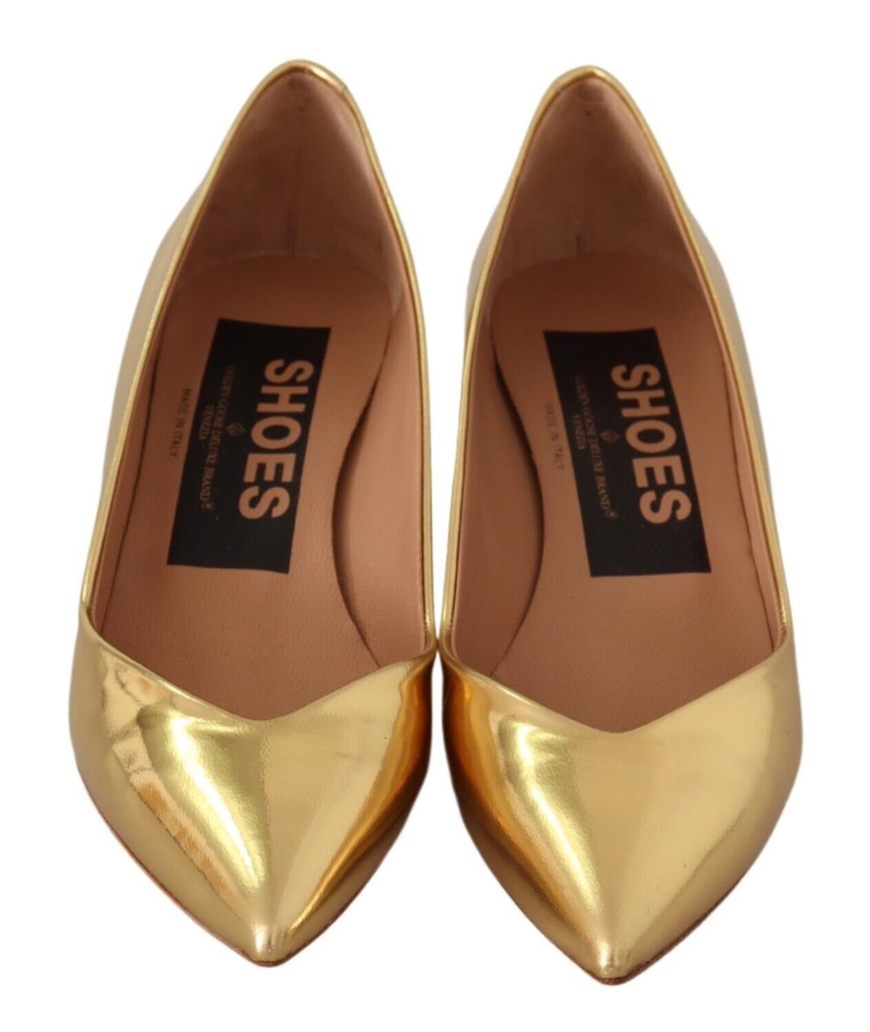 Gold Laminated Leather Mid-Heel Pumps