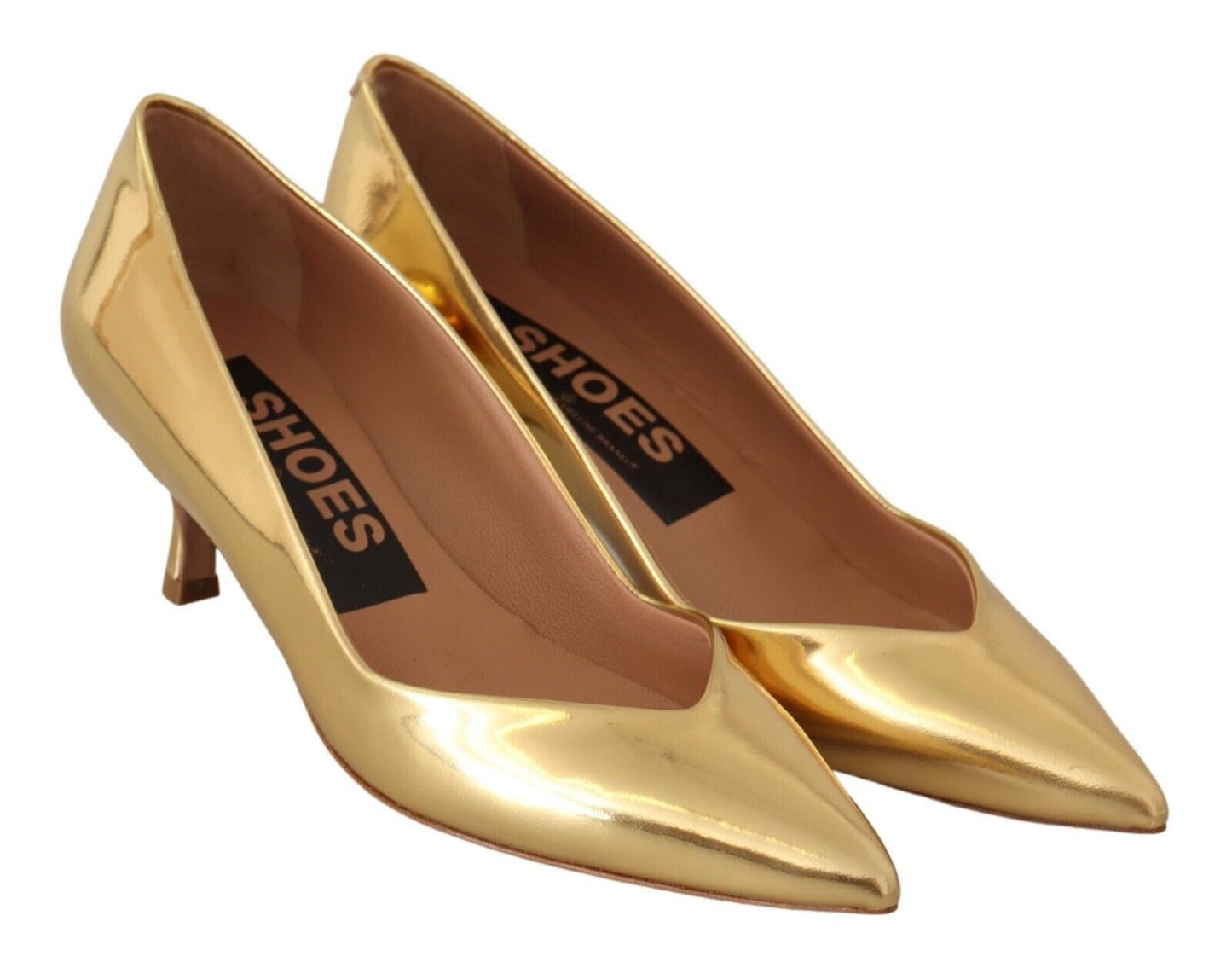 Gold Laminated Leather Mid-Heel Pumps