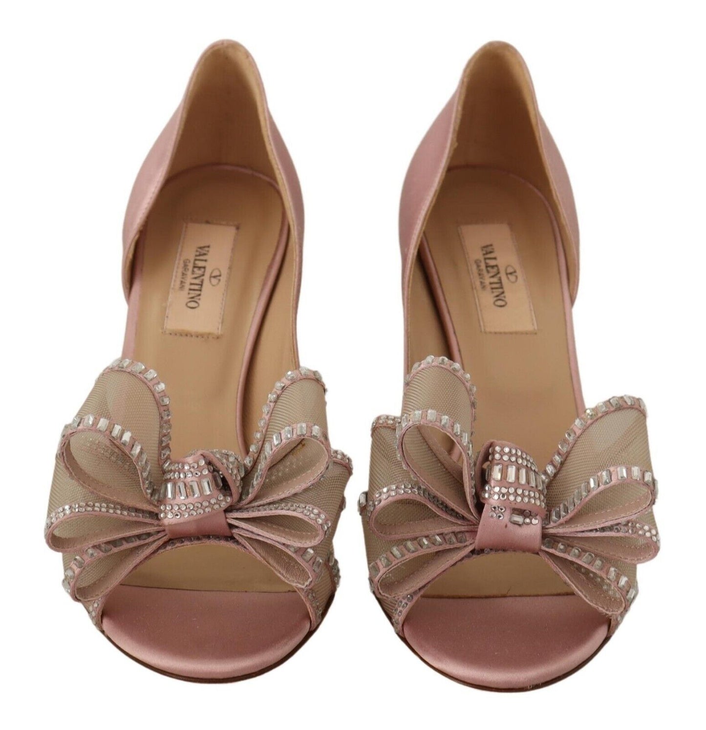 Elegant Pink Satin Crystal Bow Heels