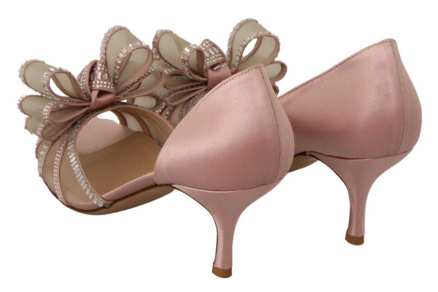 Elegant Pink Satin Crystal Bow Heels