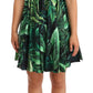 Green Leaves Print Cotton Flared Mini Dress