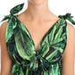 Green Leaves Print Cotton Flared Mini Dress