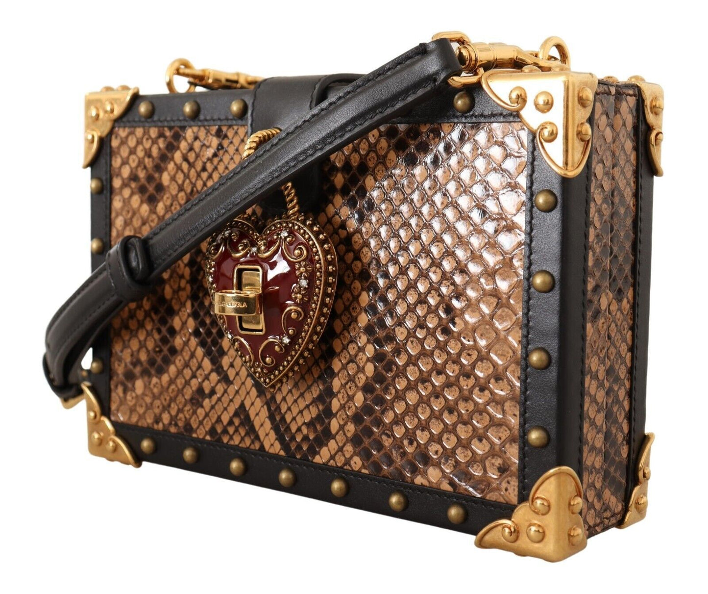 Exquisite Black Python Box Clutch with Heart Lock