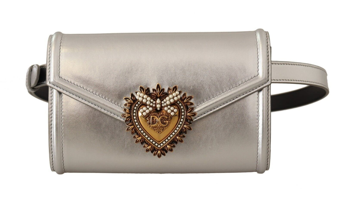 Glamorous Silver Leather Belt Bag with Jeweled Plaque