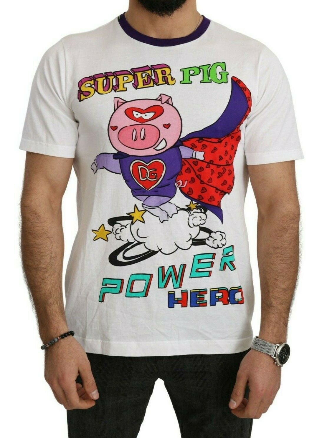 White Cotton Top Super Power Pig T-shirt