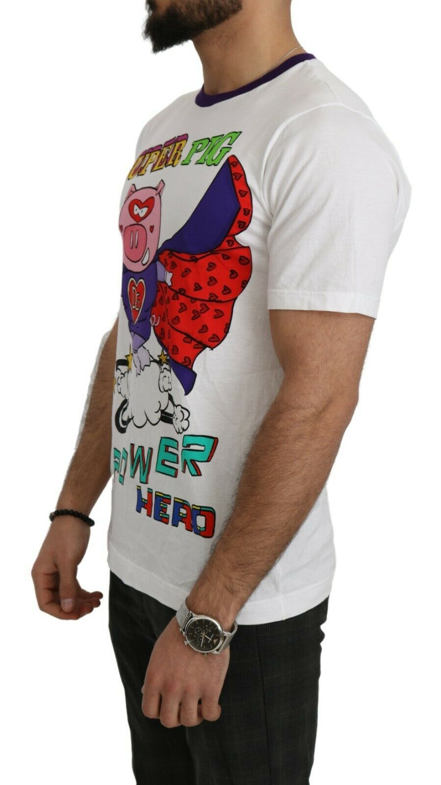 White Cotton Top Super Power Pig T-shirt