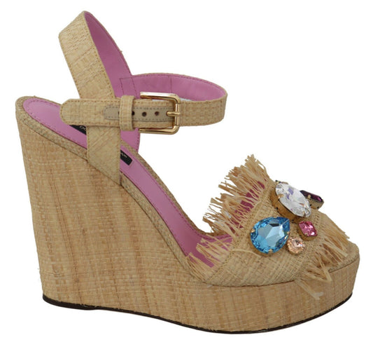 Beige Silk Strap Wedge Sandals