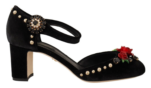 Elegant Velvet Studded Heels with Floral Accent