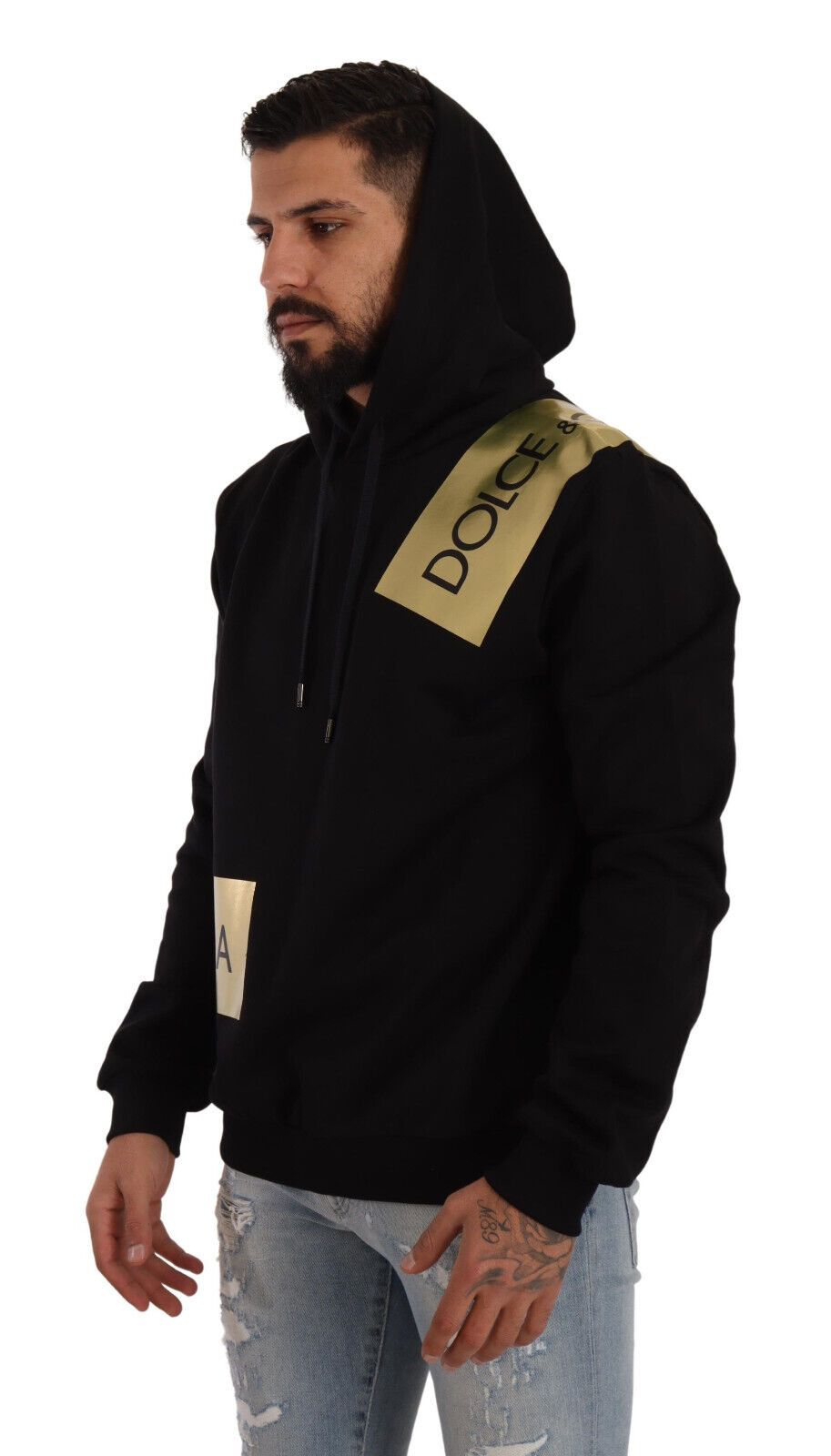 Elegant Black Hooded Pullover with Gold Logo