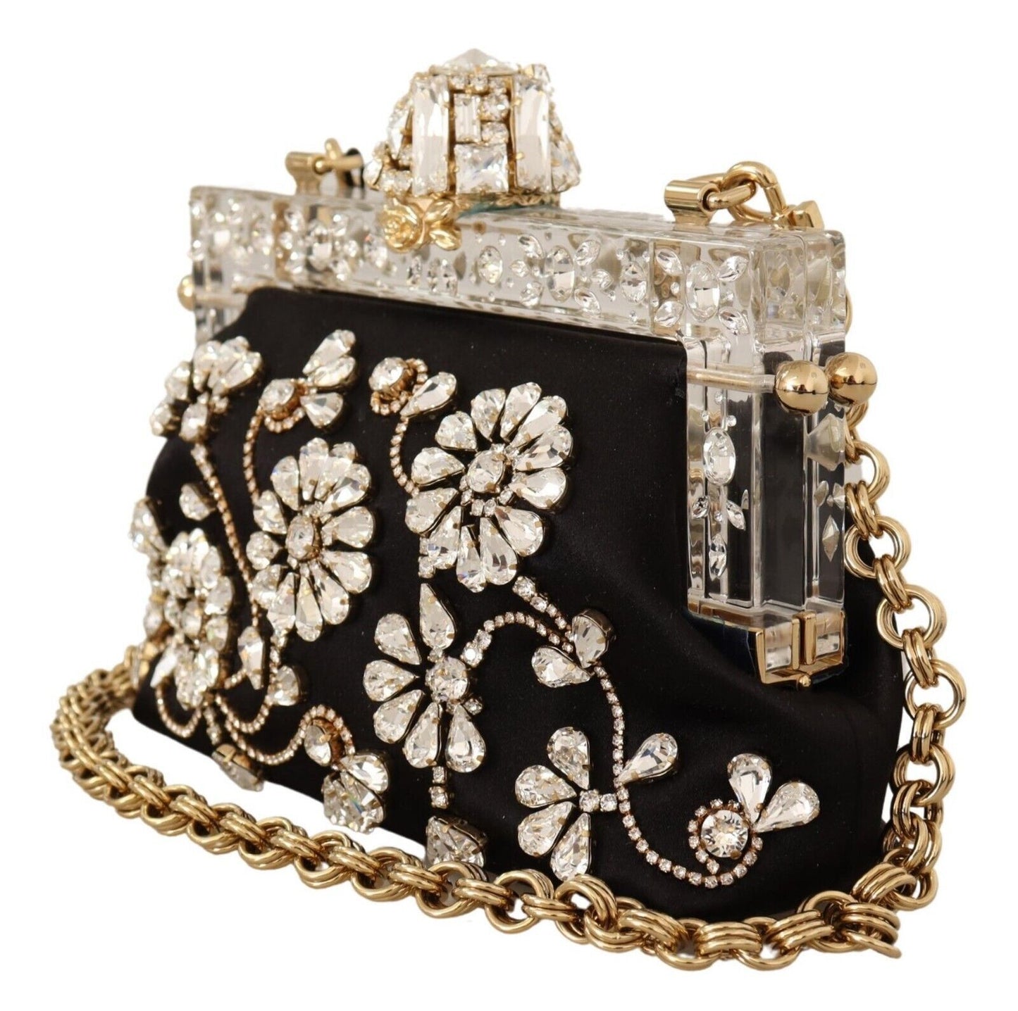 Elegant Satin Embellished Clutch with Crystal Flowers