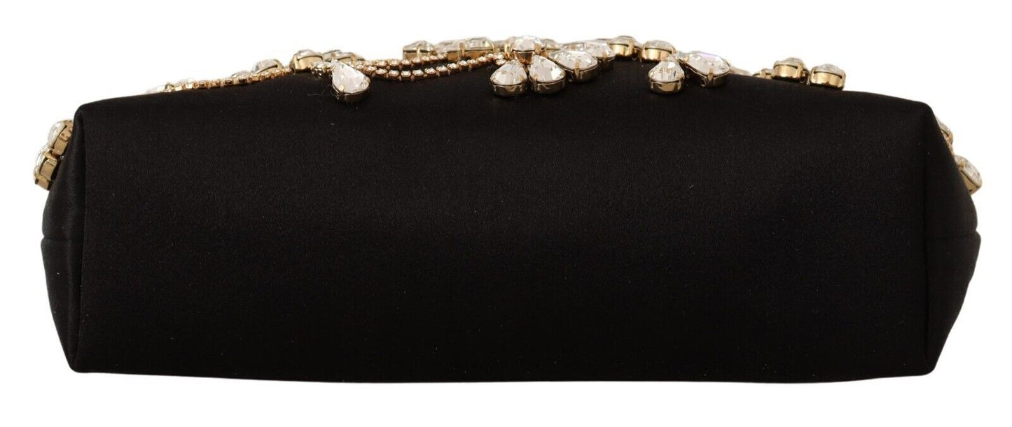 Elegant Satin Embellished Clutch with Crystal Flowers