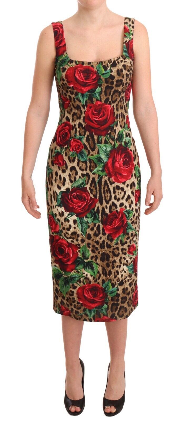 Elegant Leopard Print Sheath Dress with Red Roses