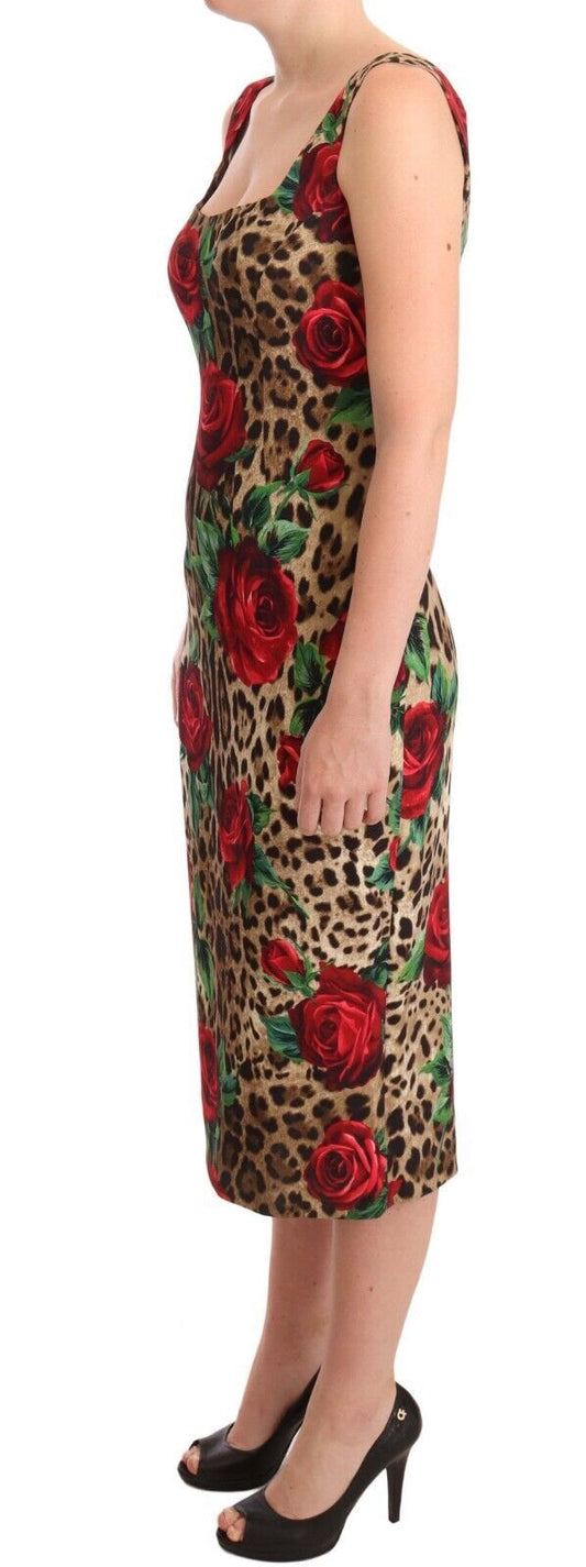 Elegant Leopard Print Sheath Dress with Red Roses