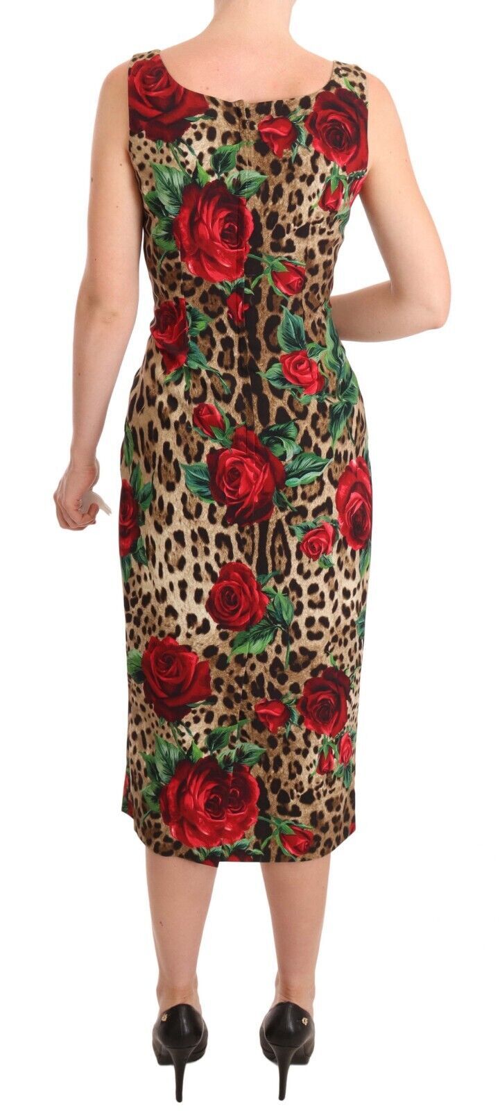 Elegant Leopard Print Sheath Dress with Red Roses