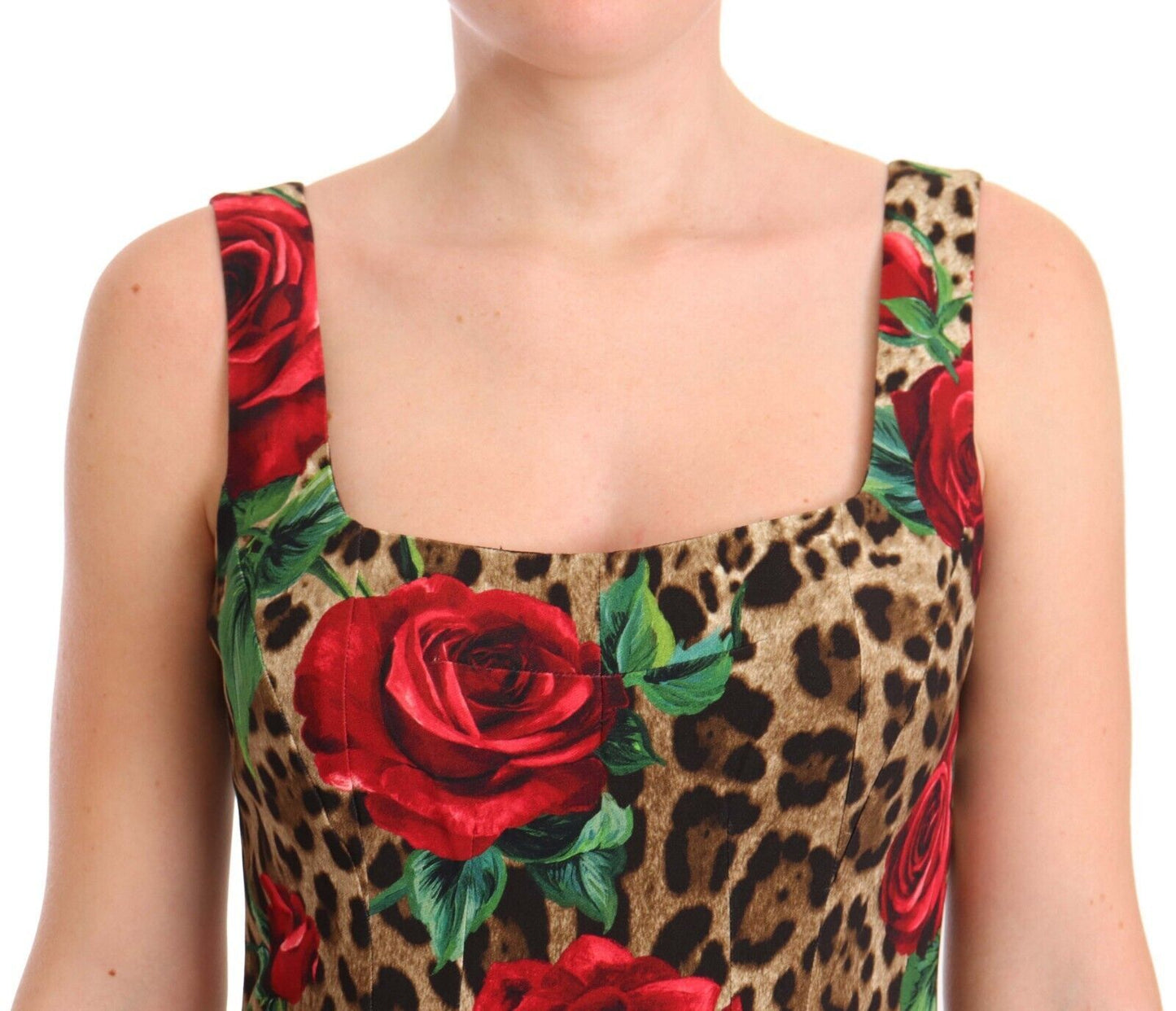 Elegant Leopard Print Sheath Dress with Red Roses