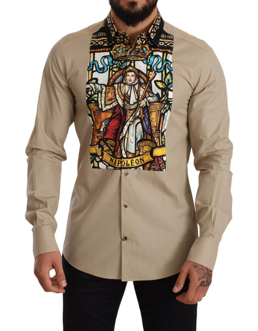 Elegant Beige Tuxedo Shirt with Unique Napoleon Print