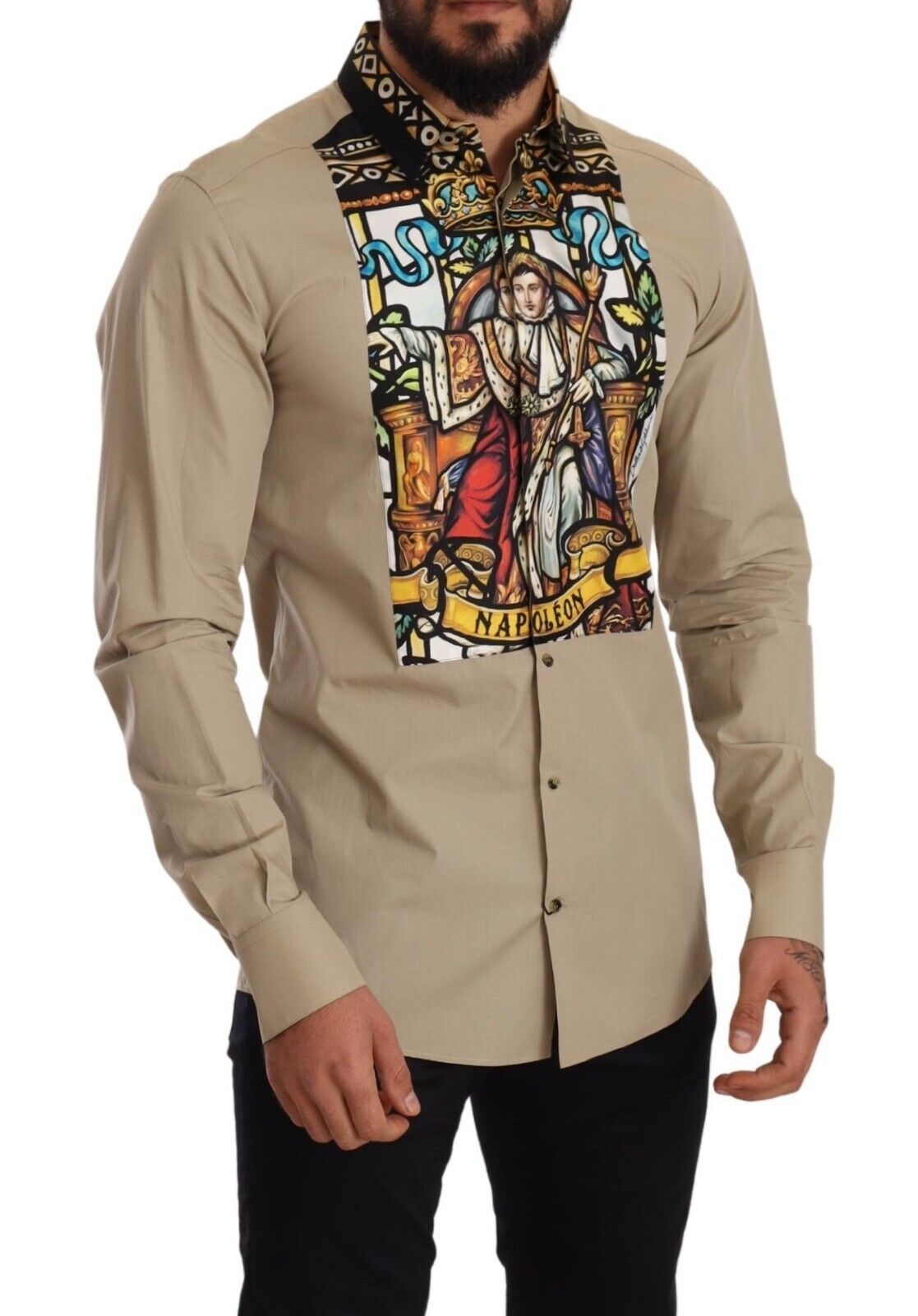 Elegant Beige Tuxedo Shirt with Unique Napoleon Print