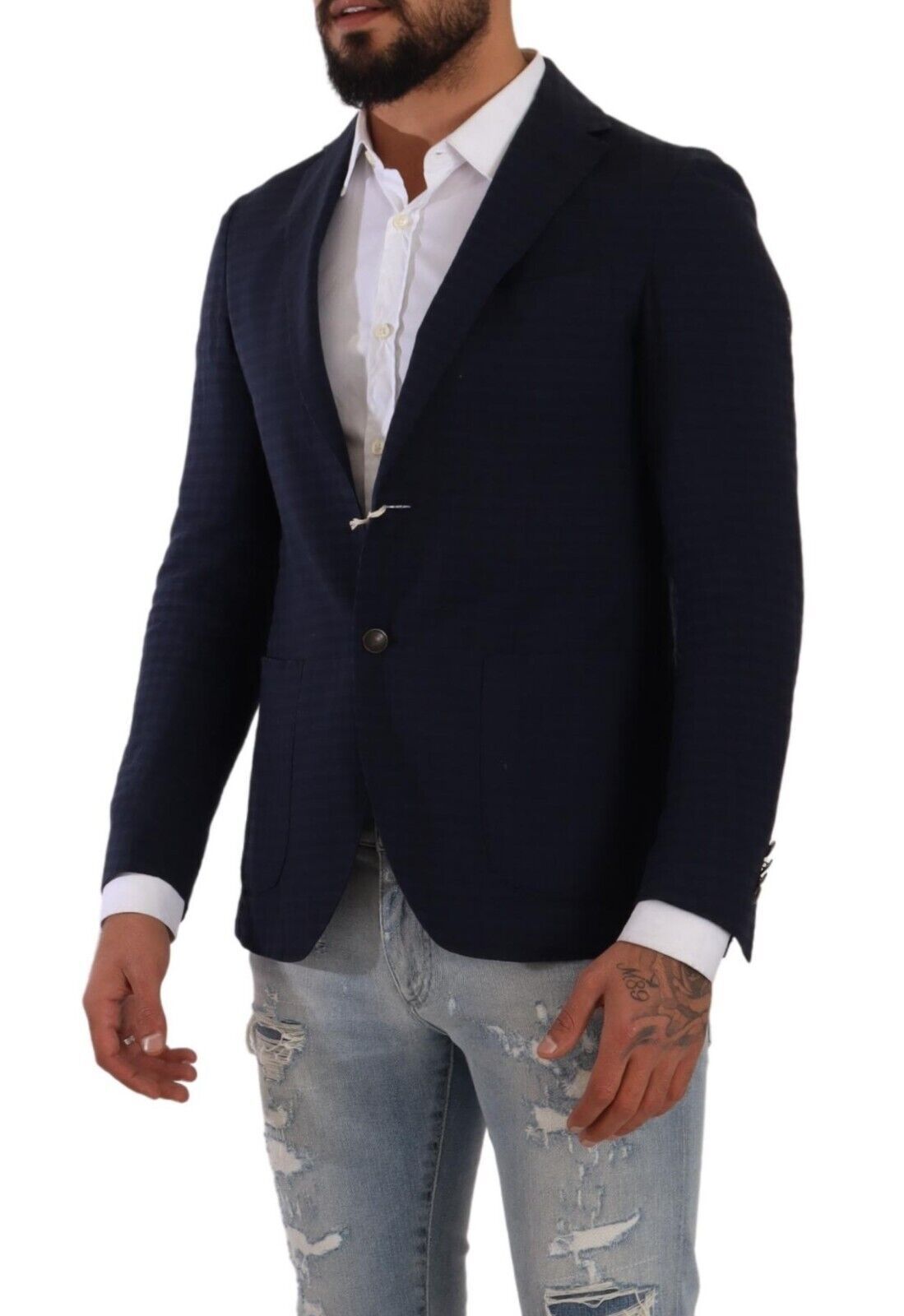 Slim Fit Notch Lapel Blazer in Dark Blue